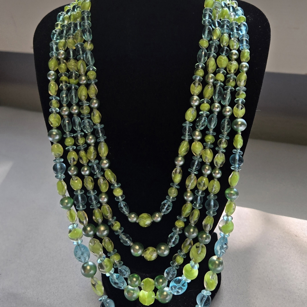 Vintage West Germany Five Strand Beaded Mermaid Necklace Variegated Blue Green
